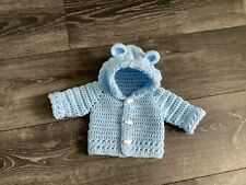 hand knit crochet baby boy powder blue unisex teddy hoodie 0-3 mths 