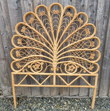 Vintage Bamboo Wicker Peacock Single Bed Headboard Boho, Tiki Fan Shape 39" 99cm