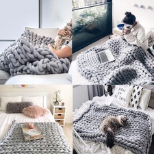 Handmade Chunky Knitted Thick Blanket Bulky Knit Throw Bed Sofa Blanket Fluffy