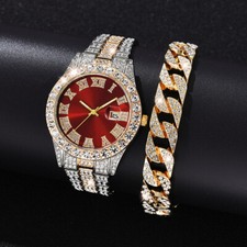 Mens Bling Luxury Silver Plated Out Diamond Hip Hop Iced Watch & Bracelet Set
