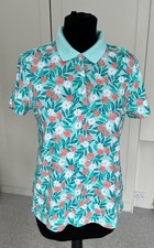 Women's Lands End 100% Supima Cotton Polo Shirt - Aqua and Peach Floral - Medium