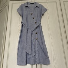 Women’s ZARA Dress Button Up White Blue Stripe Cotton Size EUR L