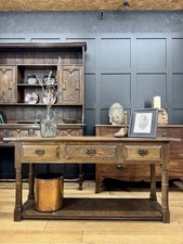 Large Vintage Oak Console Table – 3 Drawer Rustic Farmhouse Hall Sideboard