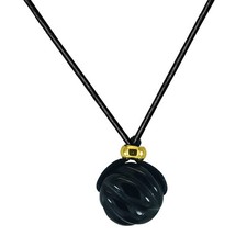 GENUINE CARVED SPIRAL BLACK ONYX GEMSTONE BEAD / BALL SLIDER ADJUSTABLE NECKLACE