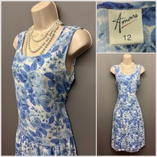 VINTAGE AMARI Littlewoods Blue Rose Print Floral Sleeveless Dress UK 12 EUR 40