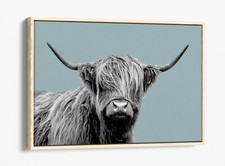 HIGHLAND COW DUCK EGG BLUE -FLOAT EFFECT CANVAS WALL ART PIC PRINT-