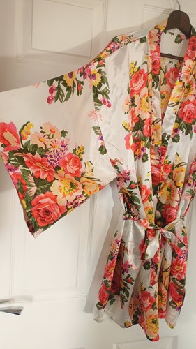 Satin white pink floral robe - floral,