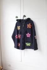 100% Wool Chunky Knit Jumper Zip Hoody Handmade Flowers Blue Size 6-10 No Brand