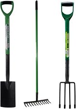 3PC GARDEN DIGGING SPADE BORDER FORK & LAWN RAKE GARDENING OUTDOOR SOIL TOOL SET