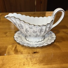 Spode Bone China Colonel Gray Gravy Boat with Attached Underplate Gold Trim