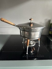 Vintage 1960s Danish Style Chaffing Dish, Stand And Burner - Stainless And Teak