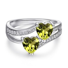 Twin-Heart Natural Green Peridot Women Ring 925 Silver 6x6mm August Birthstone