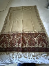 Pashmina Silk Shawl In Fawn With A Red Embroidered Border Design And Fringe