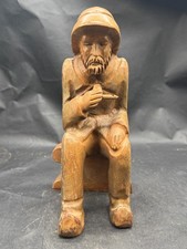 VINTAGE HAND CARVED WOODEN FISHERMAN FIGURE RUSTIC FOLK ART SCULPTURE ORNAMENT