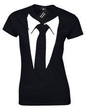 SHIRT AND TIE LADIES T SHIRT FUNNY NOVELTY FANCY DRESS PARTY STAG TUXEDO JOKE