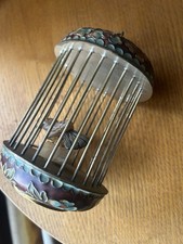 Vintage Chinese Enamel Cloisonne Miniature Bird cage & semi precious stone bird