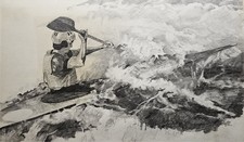 Canoe Slalom (C1) in Whitewater, c.1970s–80s - Vintage Mounted Drawing