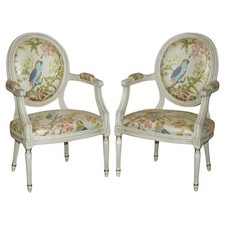 PAIR OF VINTAGE FRENCH LOUIS XVIII STYLE FAUTEUILS ARMCHAIRS PARROT UPHOLSTERY