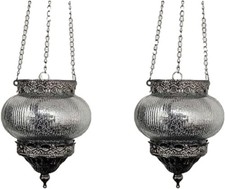 Silver Glass Hanging Lanterns 48cm Moroccan Candle Holders with Chain Metallic