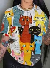 PLUS SIZE 18 24 MULTICOLOUR CARTOON CAT PRINT TOP BLOUSE T SHIRT STRETCH CURVE