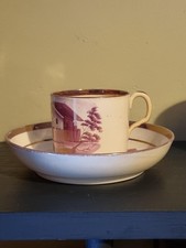 Georgian Early Pink Sunderland Lustreware Hand Painted Coffee Can & Saucer c1810