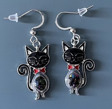 Beautiful Black Cat / Kitten Enamel Metal Dangle Earrings New In Plastic Pouch