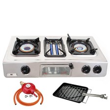Portable Gas Stove 3 Burner Cooker With Grill Oven Toast Camping Outdoor NJ G-87