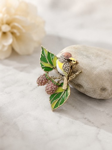 Crystal bird brooch - brooch, enamel