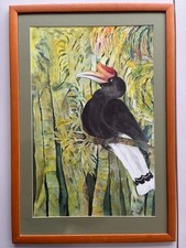 Rhinoceros Hornbill Painting Tropical Foliage Signed 2000 Modern Frame 44x65cm