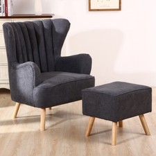Upholstered Chenille Grey Orthopedic Wing Back Armchair Chair And Footrest Stool