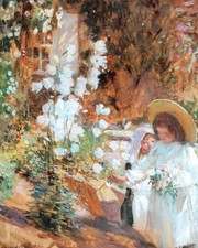 "Campanulas"  artist Dame Laura Knight evocative floral painting Hardback Print