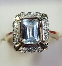 9ct Gold Large Emerald Cut Aquamarine & 12 Diamond Cluster Ring  L wt 3.79g ~A4