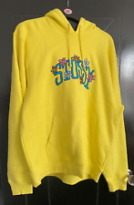STUSSY Yellow Hoodie Kangaroo Pocket Embroidered Logo Flowers Festival Size XL