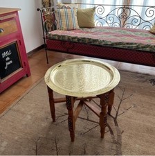 Handmade Moroccan 40" Round Brass Tray Tea Table with folding Wood Stand Thuya W