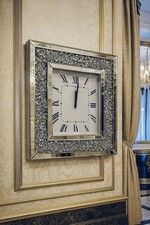 Large Diamond Crush Silver Crystal Sparkly Mirrored Square Wall Clock 45x45x5cm