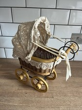 Vintage Miniature Small Wicker Metal Wood Doll Pram Stroller Decor Piece