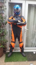 FRANK THOMAS 1 PIECE ORANGE & BLACK LEATHER BIKER SUIT. SIZE UK 48. FREE POSTAGE