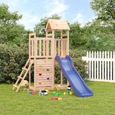 Outdoor Playset Solid Pinewood Blue 196x167x214cm Play Tower Wave Slide Rockwall