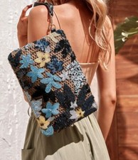 Evening Sequin Colour Block Straw Bag Large Floral Clutch Bag Party Womens Gift