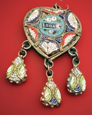Antique Micro Mosaic Heart Shaped Pendant “Roma” With Three Teardrops 