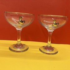Vintage 1970s Babycham x2 Gold Rim Glasses Yellow Fawn Leaping Deer Round Stem