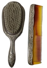 Vintage Ornate Hair Brush & Comb Set Silver Plated Vanity Set - Nice Condition