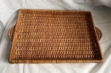 VINTAGE WICKER RATTAN SERVING TRAY WITH HANDLES