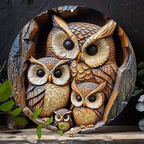 Brown owl family metal wall - metal,