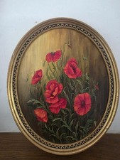 VTG Original Oil Painting Oval Still Life Poppy Field Floral Gold Framed