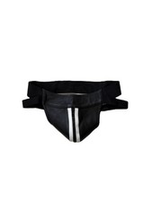 Men,s Leather Jockstrap With White Front strips With Central zip Elastic Waist