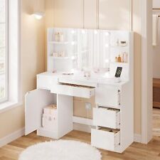 White Dressing Table Wood Makeup Desk with Mirror LED Lights 5 Drawers 4 Shelves