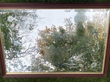 Vintage 70s Bevelled Mirror with Etched Birds. Large. 83x58x3cm See all pics.
