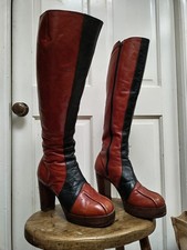 Original Vintage 1970s Platform Stacked Wood Leather Two Tone Colour Boots