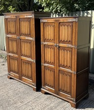 FINE PAIR OAK ARTS & CRAFTS 2 DOOR WARDROBES  2 MAN DELIVERY